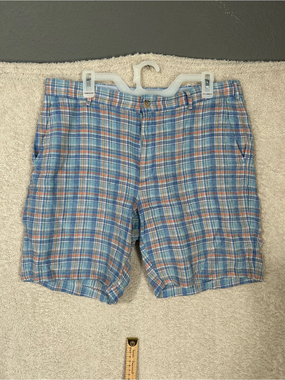 Peter Millar Seaside Shorts Blue Orange  Plaid Men's Size 34 100% Linen